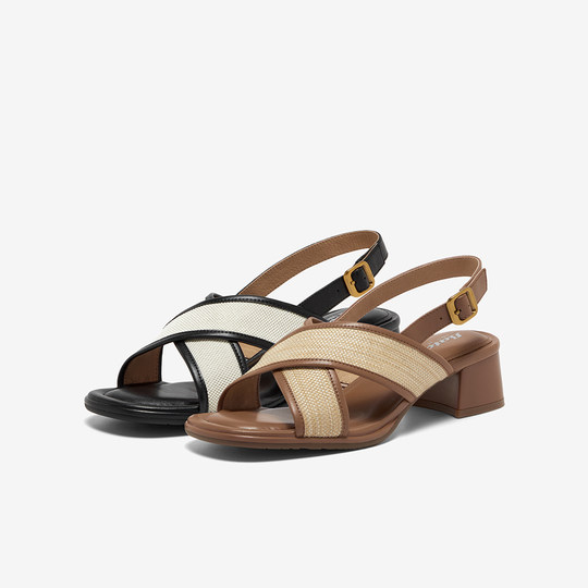 Bata时装凉鞋女2025夏季新款编织百搭粗跟海边度假风凉鞋AVR25BL5