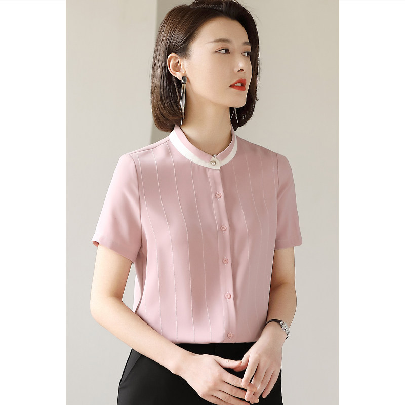 粉色雪纺夏职业装立领短袖薄款衬衫 lucybaily衬衫