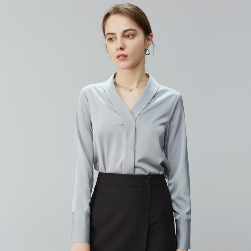 璐丝百丽灰色雪纺衫长袖v领衬衫 lucybaily蕾丝衫/雪纺衫