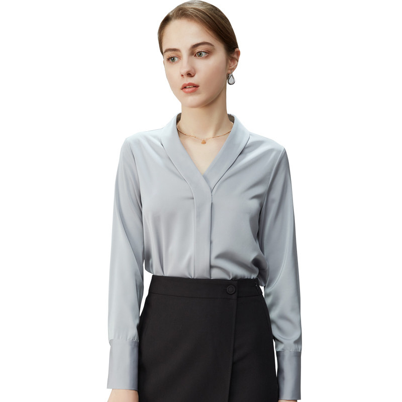 璐丝百丽灰色雪纺衫长袖v领衬衫 lucybaily蕾丝衫/雪纺衫