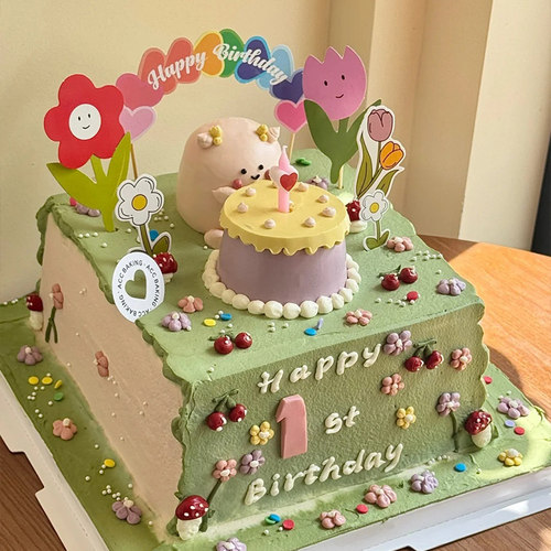 网红同款多巴胺儿童生日蛋糕装饰爱心拱门卡通花朵插件周岁烘焙 - 图0