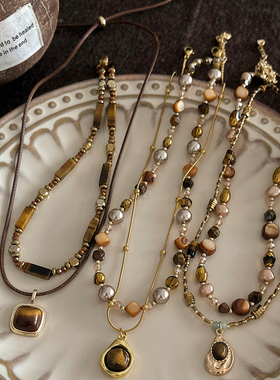 秋冬复古咖色美拉德虎眼石项链女