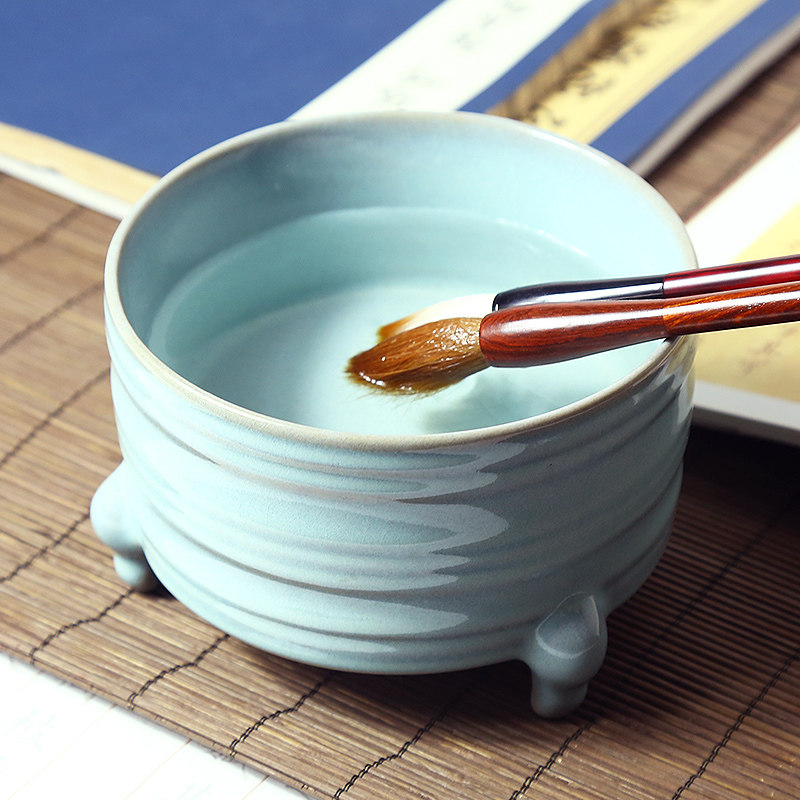 赋比兴笔洗 景德镇大号汝窑天青釉笔洗 三足笔洗缸 书法国画专用景德镇陶瓷 文房四宝水罐 书画用品