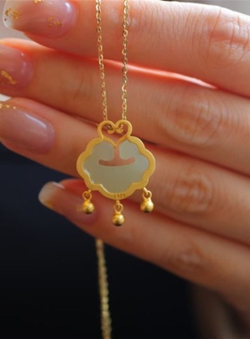 古法银如意锁吊坠黄金色满月项链