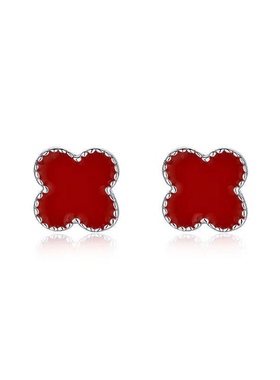 纯银925电镀白金色镶玉髓黑色红色玛瑙耳钉幸运草银首饰生日礼物