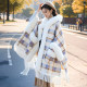 Autumn and winter large size loose plaid color matching mid-length fur collar plus velvet thickened hooded cloak shawl women's cape jacket