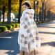 Autumn and winter large size loose plaid color matching mid-length fur collar plus velvet thickened hooded cloak shawl women's cape jacket