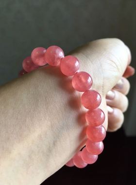 天然冰种红纹石手串 手链 9.7mm 33.3老料 冰润颜色浓 娇艳桃红色
