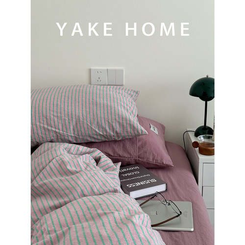 YAKEHOME【蜃楼织境】复古风粉紫色条纹全棉水洗棉四件套纯棉床单 - 图3
