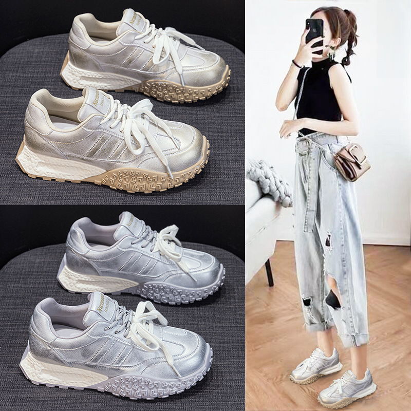 7CM内增高真皮德训鞋2025早春厚底百搭擦色阿甘鞋休闲运动鞋女鞋 - 图0