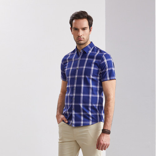 蔓哈顿夏季新款中年男士格子衬衫商务上班休闲短衬修身短衬潮 - 图1