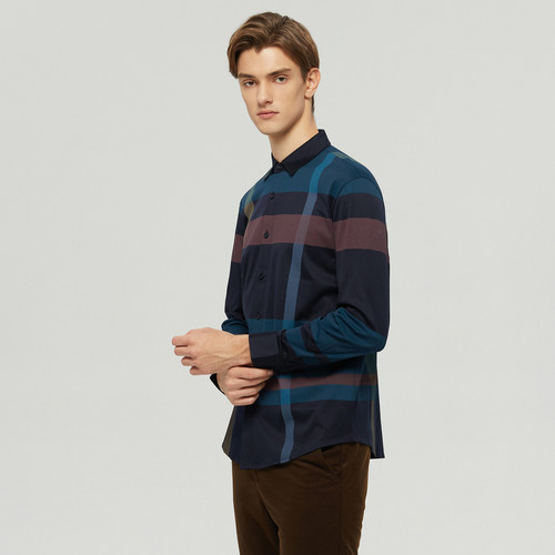 MENHARDUM/蔓哈顿秋冬新品纯棉长袖T恤撞色格纹翻领开衫长绒棉长T - 图1