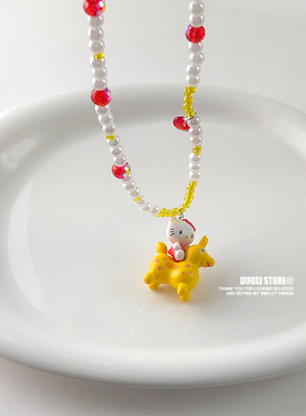 多喜商店【马马嘟嘟骑】黄色小木马KT猫凯蒂猫卡通童趣锁骨链项链