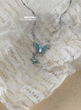 多喜商店【蝶梦】复古蓝色滴釉蝴蝶锁骨链子甜酷辣妹新款流苏项链