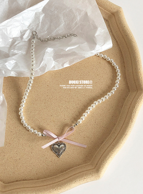 合金仿珍珠女甜美蝴蝶结爱心项链