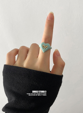 多喜商店【茉莉奶绿】清新甜美风花朵爱心叠戴小众设计感树脂戒指