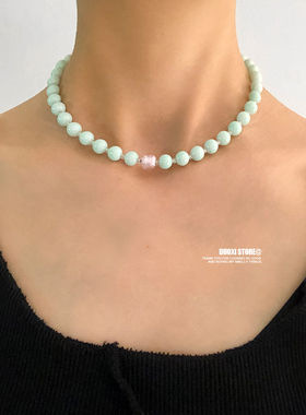 多喜商店【薄荷茉绿】夏日清新浅绿色短款串珠锁骨链撞色爱心项链