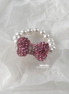 多喜商店【K门永存】仿珍珠镶钻蝴蝶结kt猫卡通可爱小众串珠戒指