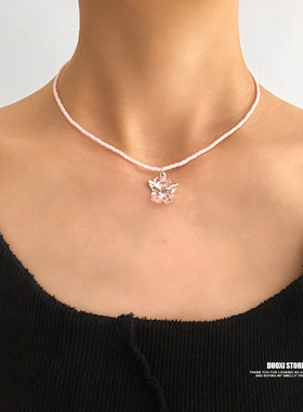 多喜商店【玫瑰制约】粉色米珠透色天使小熊月亮甜美少女心短项链