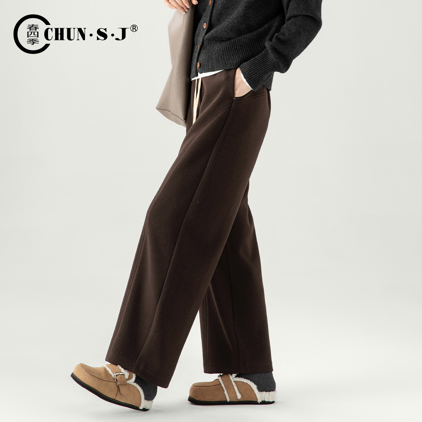 羊毛醋酸咖色毛呢阔腿裤女2025新款冬季休闲弯刀裤梨型身材裤子,淘宝优惠券,粉丝福利购,淘宝优惠卷
