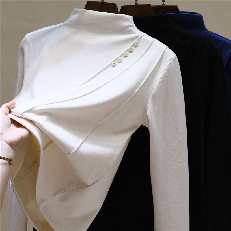 大码显瘦半高领t恤女秋冬胖妹妹遮肉减龄双面绒加绒保暖打底衫潮 - 图3