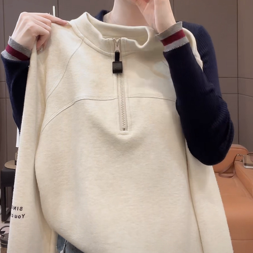 胖mm大码女装半高领拉链长袖T恤女秋冬季设计感修身独特漂亮上衣 - 图2