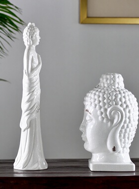 侘寂风做旧陶瓷佛头玄关软装饰品