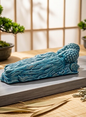 中古侘寂风陶瓷蓝树根卧佛摆件