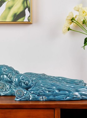 中古侘寂风陶瓷蓝树根卧佛摆件