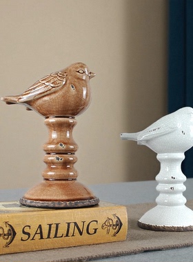 复古侘寂风陶瓷立柱鸟儿童房摆件