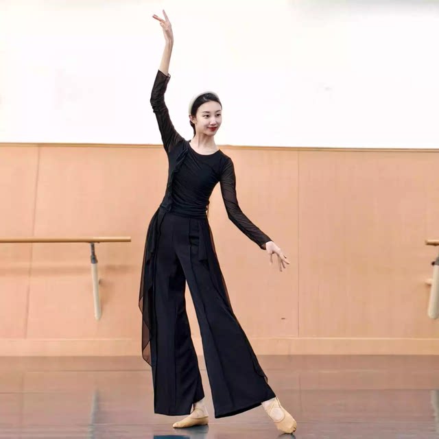 Classical dance clothes, elegant double-layer pleated gauze clothes for women, Chinese dance body charm training clothes, slimming training tops for women