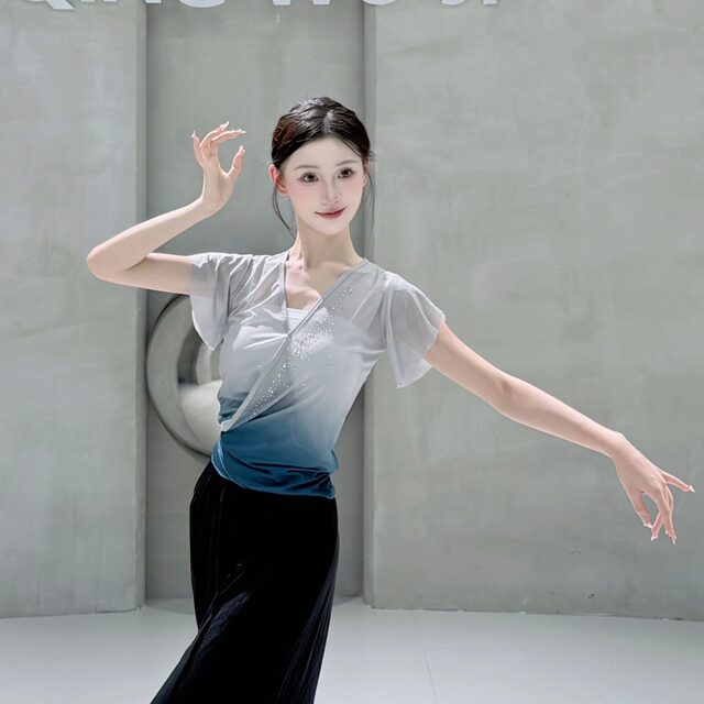 Beiwu's same style professional training clothes gauze dance clothes rhinestone gradient body rhyme short-sleeved freehand class clothes basic training classical
