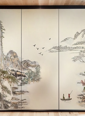 玻璃贴纸中式山水办公室静电艺术透光复古厨房玻璃门装饰贴画贴膜