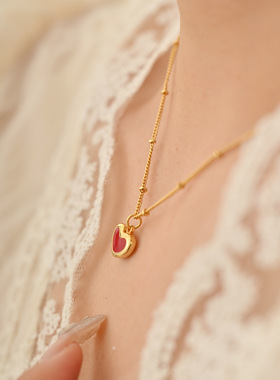 红色爱心吊坠珐琅项链女2024新款爆款双面桃心锁骨链高级感毛衣链