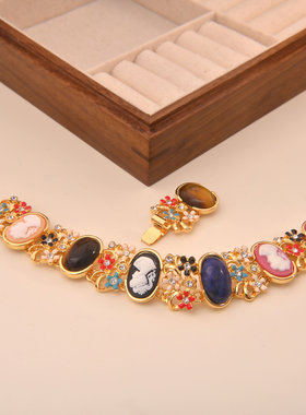 青金石卡梅奥猫眼石浮雕中古手链