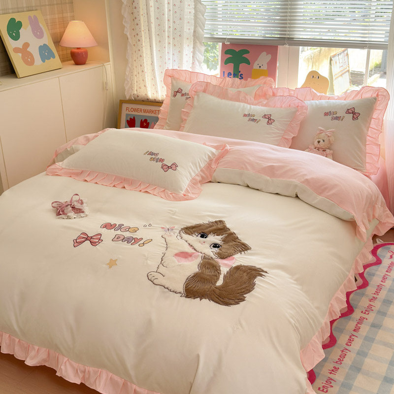 ins卡通炸毛小猫纯棉四件套1.5m1.8米学生全棉床单被套宿舍三件套,淘宝优惠券,粉丝福利购,淘宝优惠卷