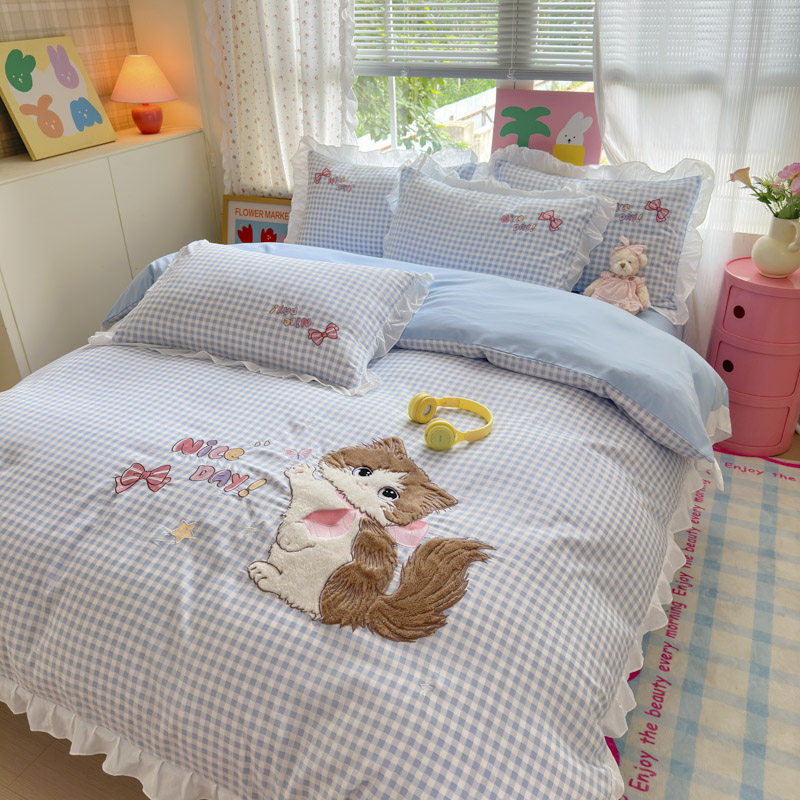 ins卡通炸毛小猫纯棉四件套1.5m1.8米学生全棉床单被套宿舍三件套,淘宝优惠券,粉丝福利购,淘宝优惠卷