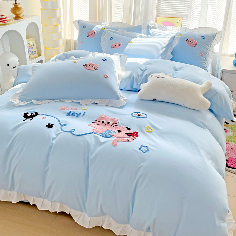 韩式可爱风纯棉床上四件套全棉顽皮猫被套被罩床单学生宿舍三件套,淘宝优惠券,粉丝福利购,淘宝优惠卷