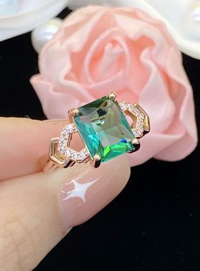 少女学生简约清新孔绿长方形仿真绿碧玺彩宝硞石镶钻镀玫瑰金戒指