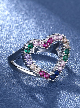 欧美彩虹色爱心硞石戒指少女简约甜美镀S925纯银可调节钻戒礼物