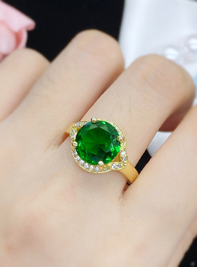 韩版时尚女士气质珠宝几何正圆形仿真祖母绿碧玺镶钻镀黄金色戒指
