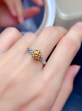 欧美女士2克拉八心八箭仿真香槟色莫桑钻气质简约镀白金满钻戒指