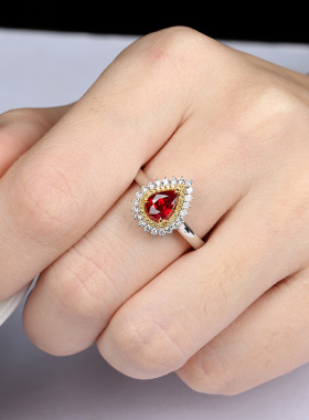 欧美高端珠宝女士时尚甜美水滴形仿真红宝石硞石镶钻分色镀金戒指