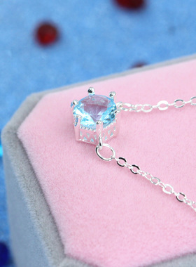 项链少女学生韩版森系小清新海蓝色锆石托帕石吊坠项链女朋友礼物