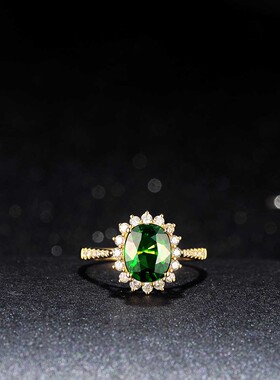 欧美高端珠宝女士时尚气质仿真祖母绿宝石镀18K黄金色戒指钻戒