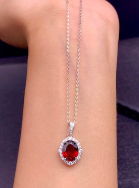 欧美高端珠宝简约甜美仿真石榴红宝石镀18K白金色戒指吊坠项链女