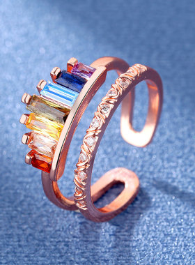 欧美彩色硞石微镶彩虹皇冠戒指公主甜美简约戒指结婚求婚生日礼物