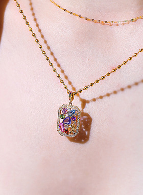 欧美浪漫彩宝石奢华炫彩镶满钻方形吊坠镀18K金戒指少女甜美吊坠