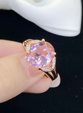 欧美高端珠宝少女简约甜美仿真粉色碧玺椭圆形镶钻镀玫瑰金戒指