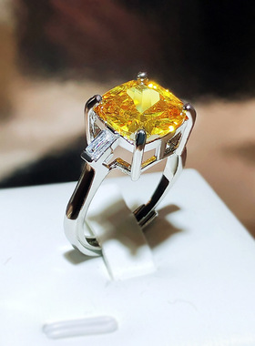 欧美高端珠宝女士简约甜美仿真黄水晶阿斯切黄钻镀白金戒指可调节